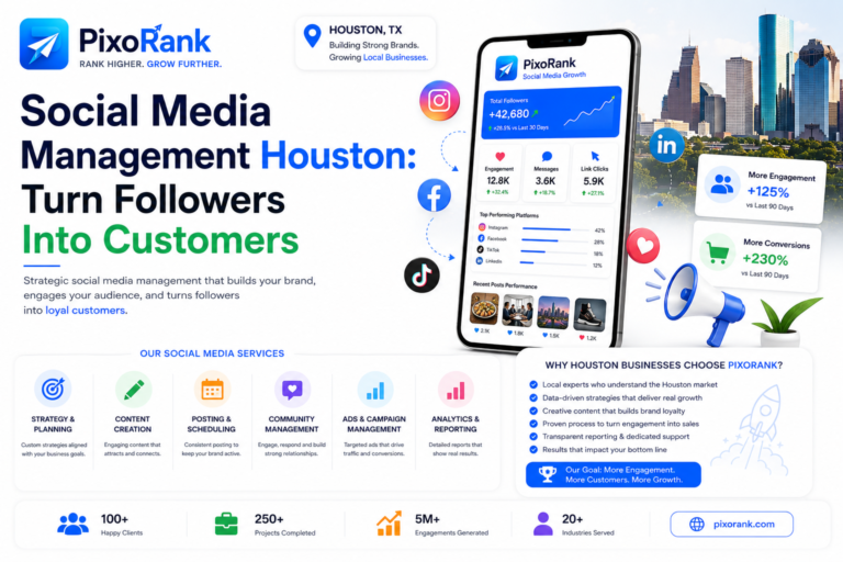 Social media management Houston chart showing follower and engagement growth and where management time goes